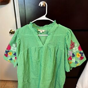Umgee Green Eyelet Ruffled Peasant Blouse
